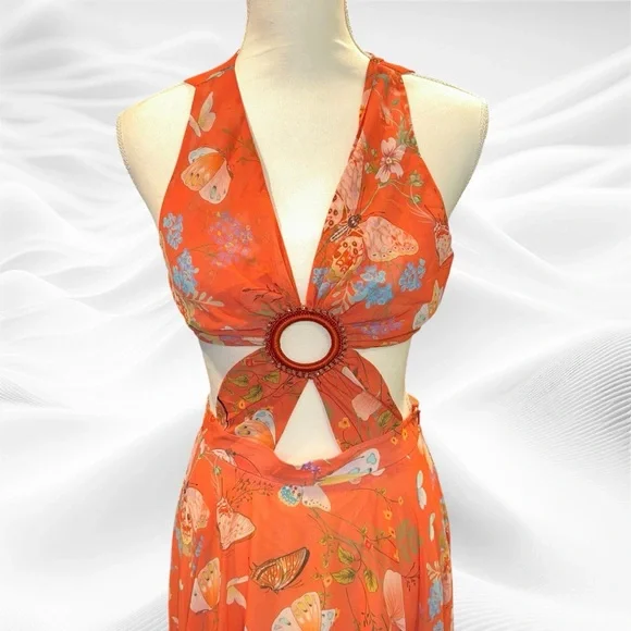 My Beachy Side Butterfly Begonia Cut Out Maxi Dress Romantic Small Orange - Picture 6 of 11